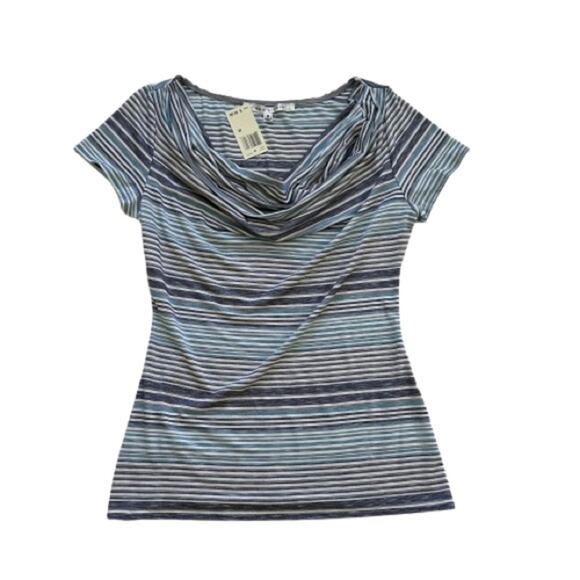 Max Studio Blue White Stripe Short Sleeve Draped Neck Shirt Top Medium NEW - Picture 1 of 12